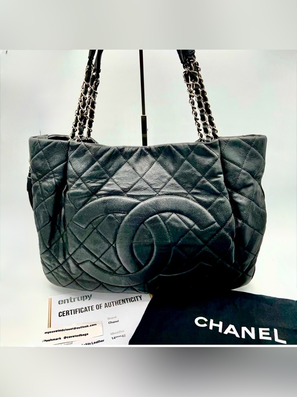 CHANEL CC Zip Out Quilted Tote Bag Silver Hardware w/Dust Bag and Entrupy COA